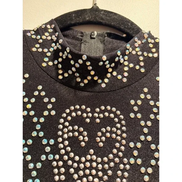 NWOT Rhinestone Mock Neck Long Sleeve Micromeshi Bodycon Dress - Picture 2 of 6